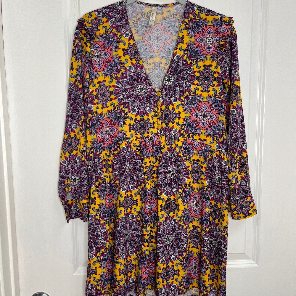 Navissi Boho Multicolor Print Tunic Dress Rayon Size XS